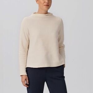 Eileen Fisher Cotton Crinkled Knit Funnel Neck Top, Long Sleeve, Cream, Size M